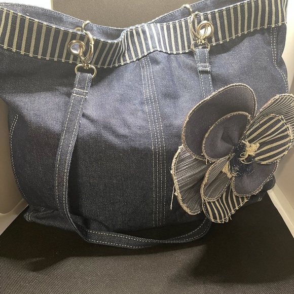 Handbags - Blue Denim Tote Purse Bag Patchwork Flower Accent Silver Cross